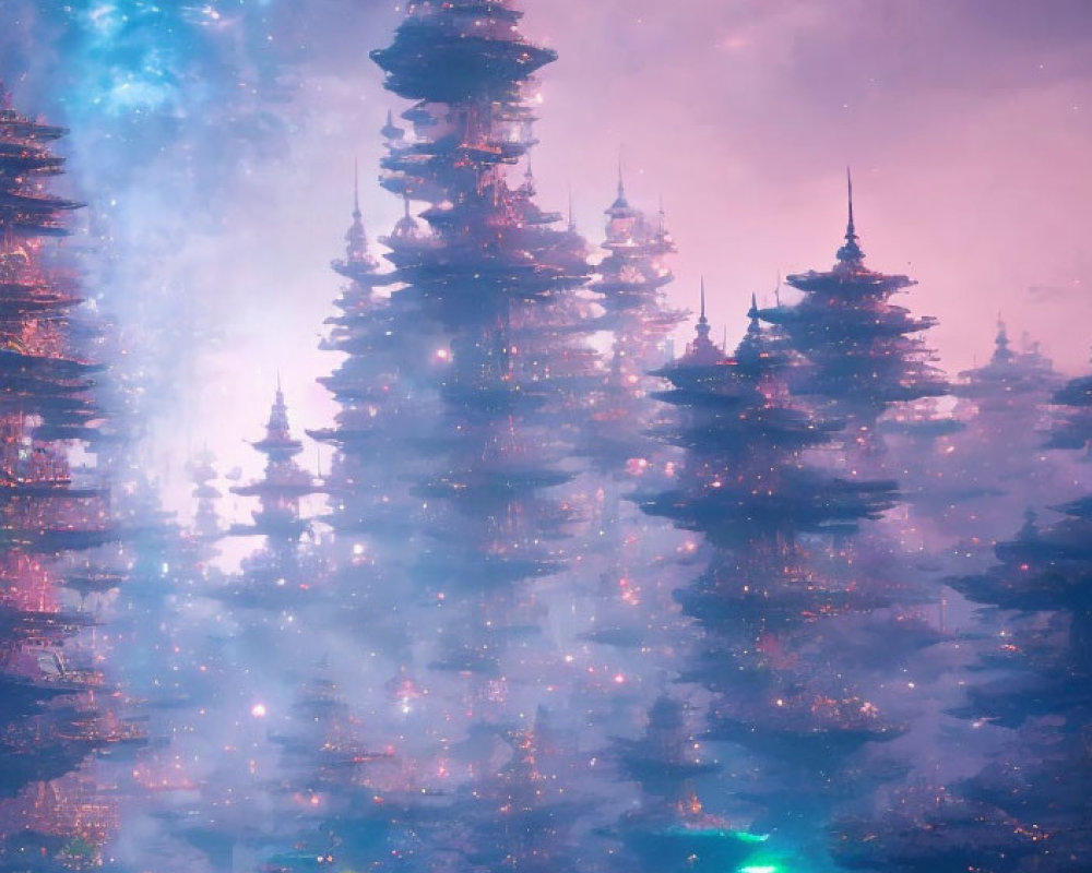 Surreal landscape with ancient Asian pagodas, pink celestial body, and neon glows