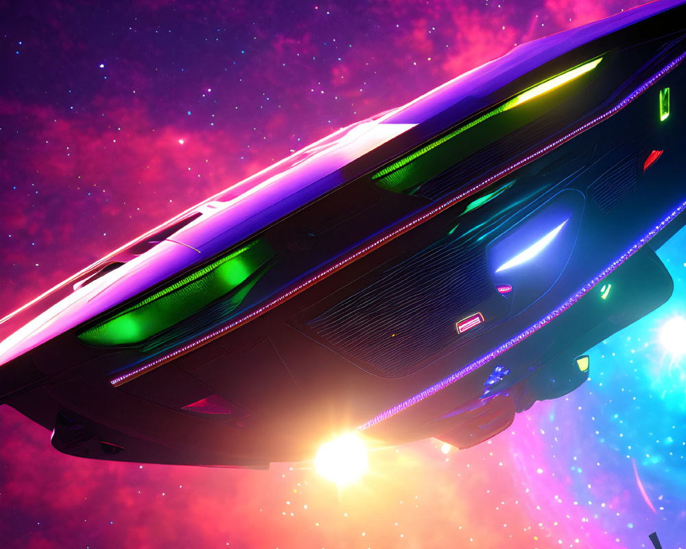 Futuristic spaceship in vibrant cosmic nebula