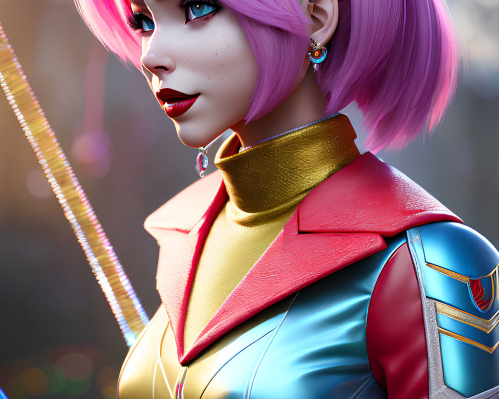 Pink-haired woman in futuristic attire gazing sideways on blurred backdrop