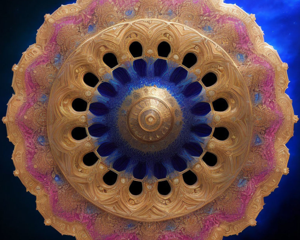 Golden mandala on blue center against starry space background