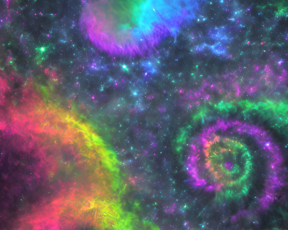 Colorful swirling galaxies in neon pink, green, and blue hues on starry space background