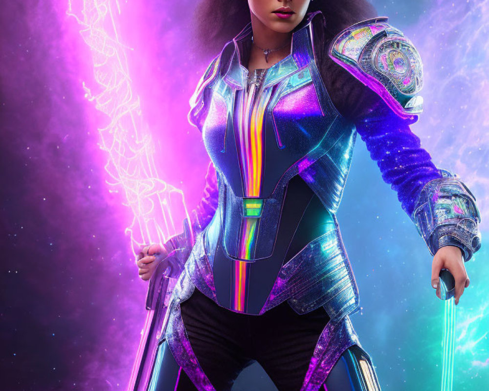 Futuristic woman with glowing staff in cosmic setting