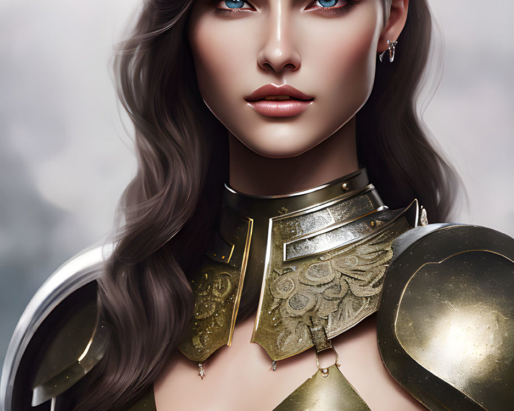 Portrait of Woman with Striking Blue Eyes in Golden Armor