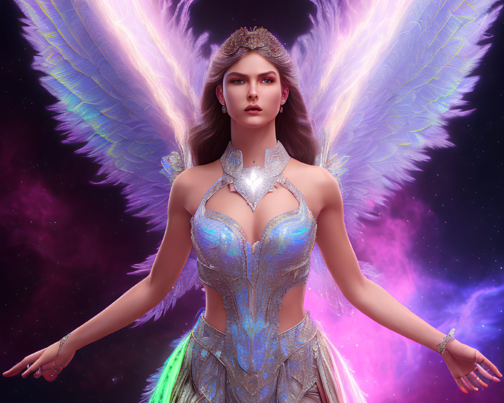 Majestic angelic figure with iridescent wings in cosmic scene