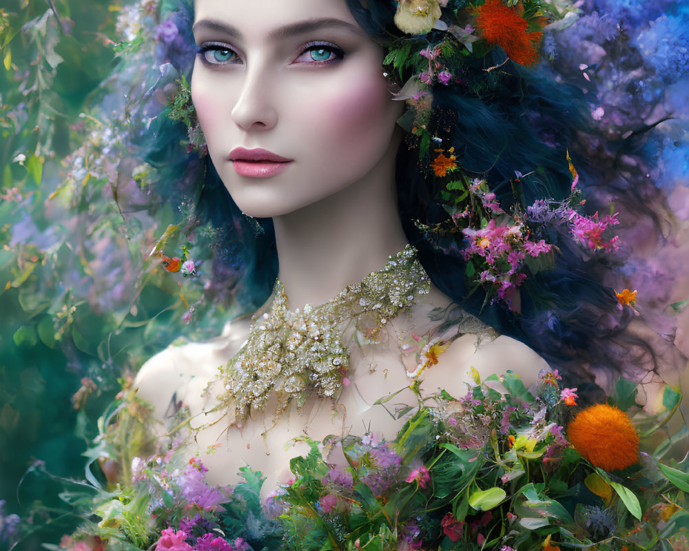 Vibrant blue-eyed woman with floral adornments in lush setting