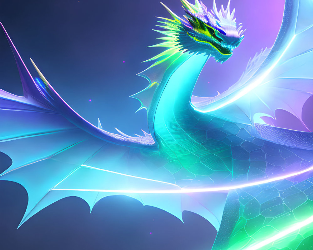 Colorful Dragon Artwork with Iridescent Scales and Neon Wings on Dark Purple Background