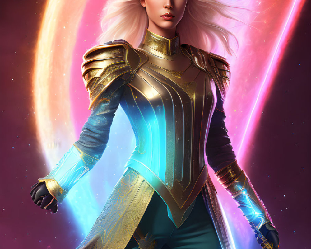 Fantasy female warrior with white hair in golden armor and cosmic nebulas.