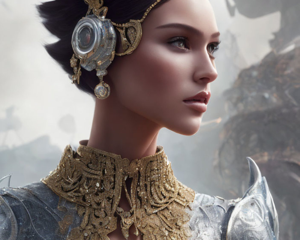 Elaborate golden headgear and futuristic armor on a woman with ornate design