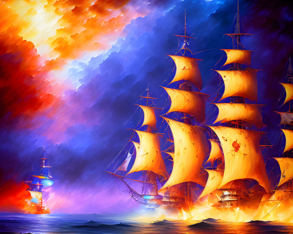 Colorful digital art: tall ships, billowing sails, fiery clouds, tumultuous sea