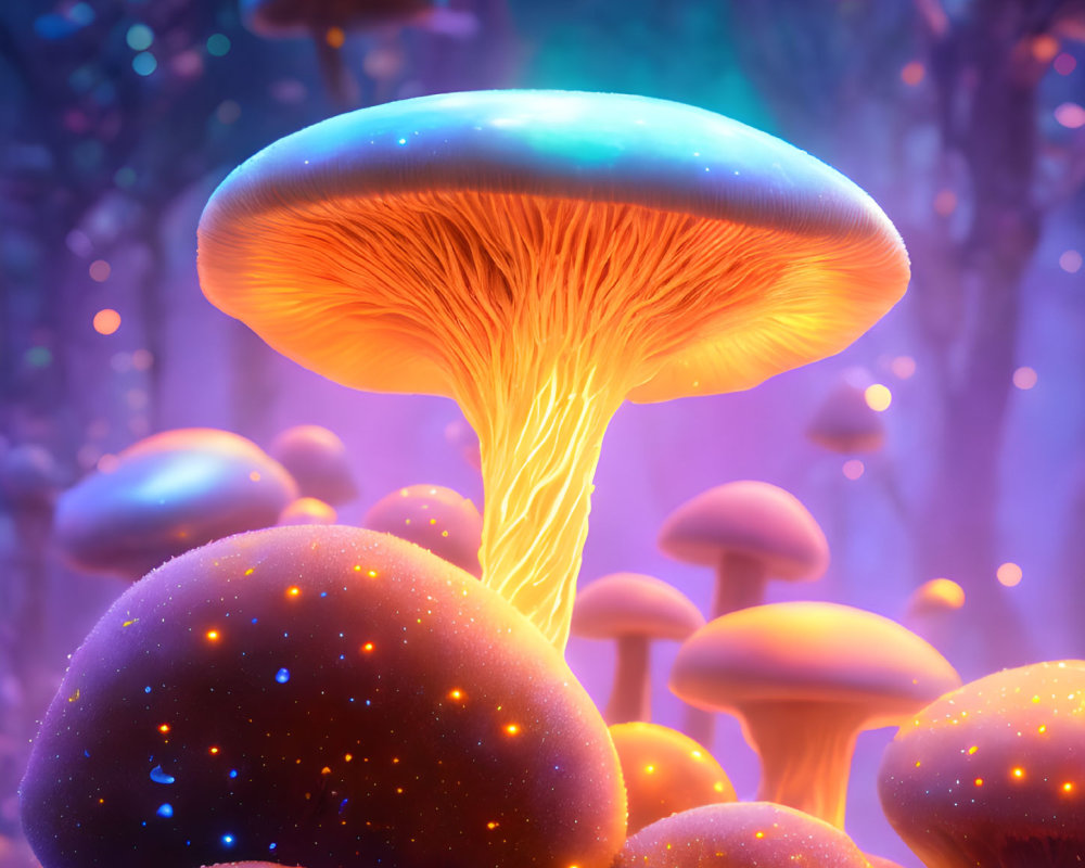 Enchanted forest with oversized glowing mushrooms in purple and orange hues