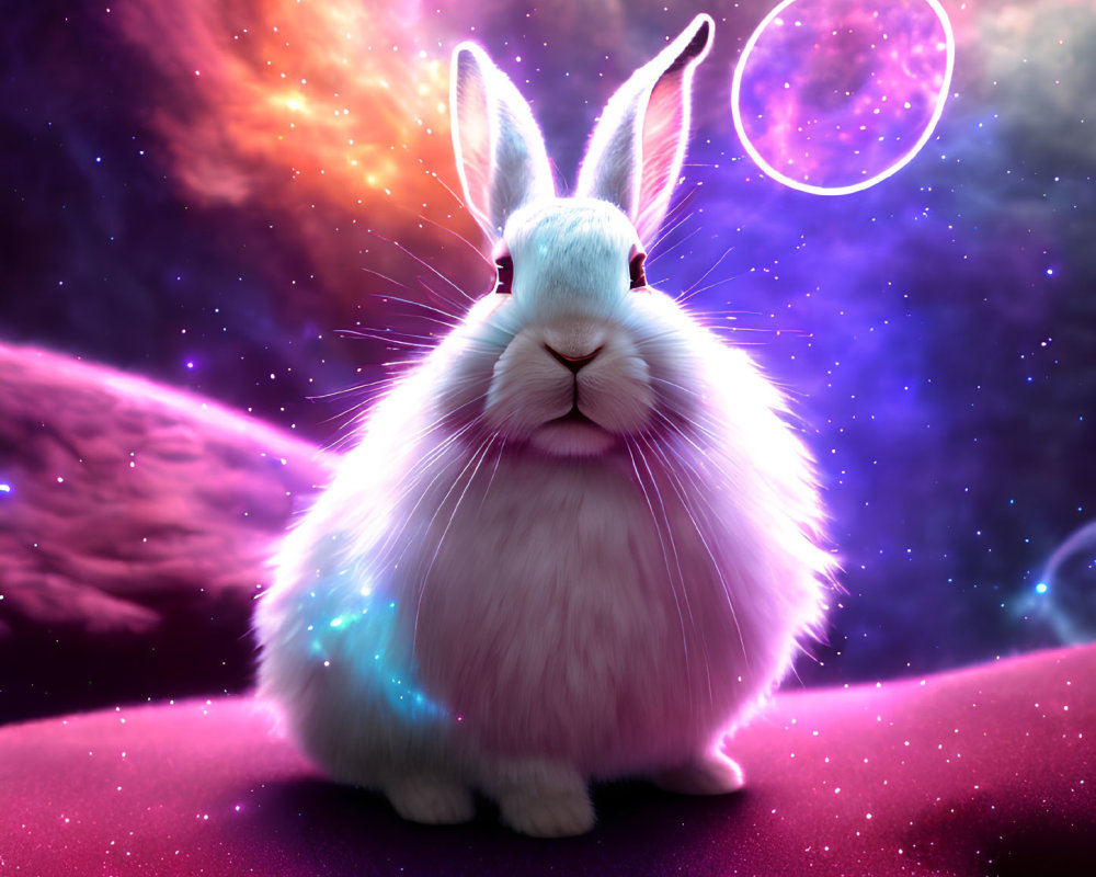 Cosmic-themed digital illustration of a fluffy white rabbit