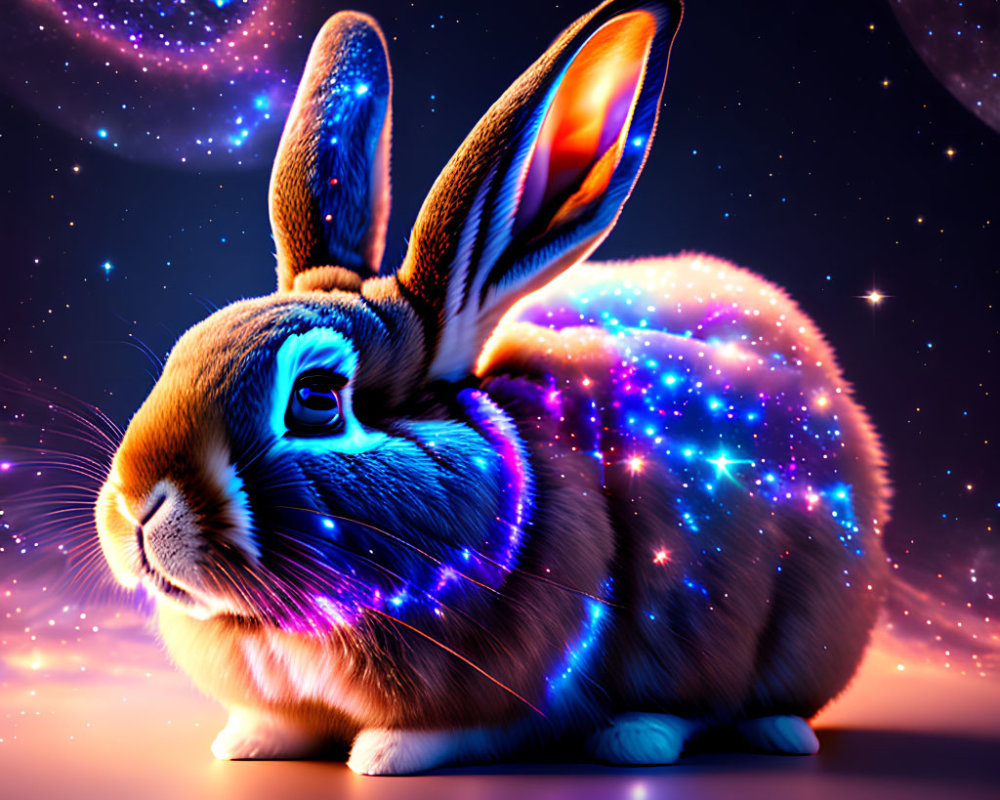 Cosmic rabbit with galaxy pattern in starry space.