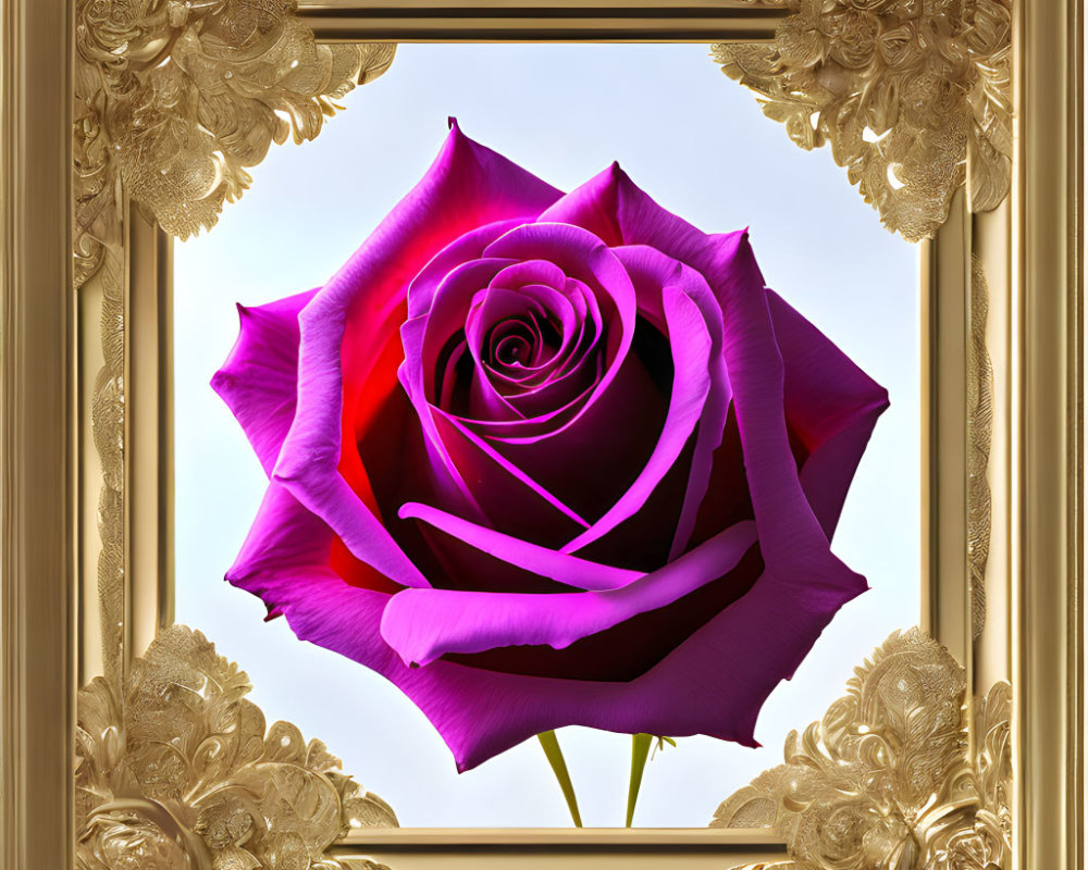 Detailed Purple Rose in Ornate Golden Frame