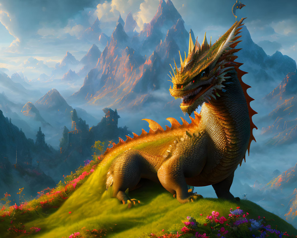 Majestic dragon on grassy hill with misty mountains and radiant sky