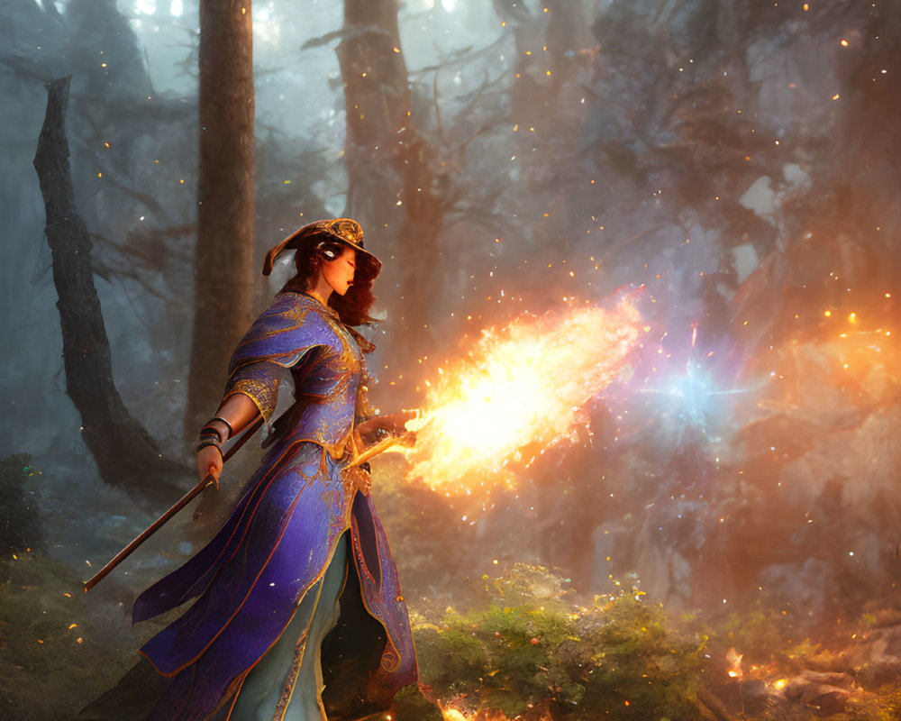 Blue-armored warrior casting spell in mystical forest with piercing light.