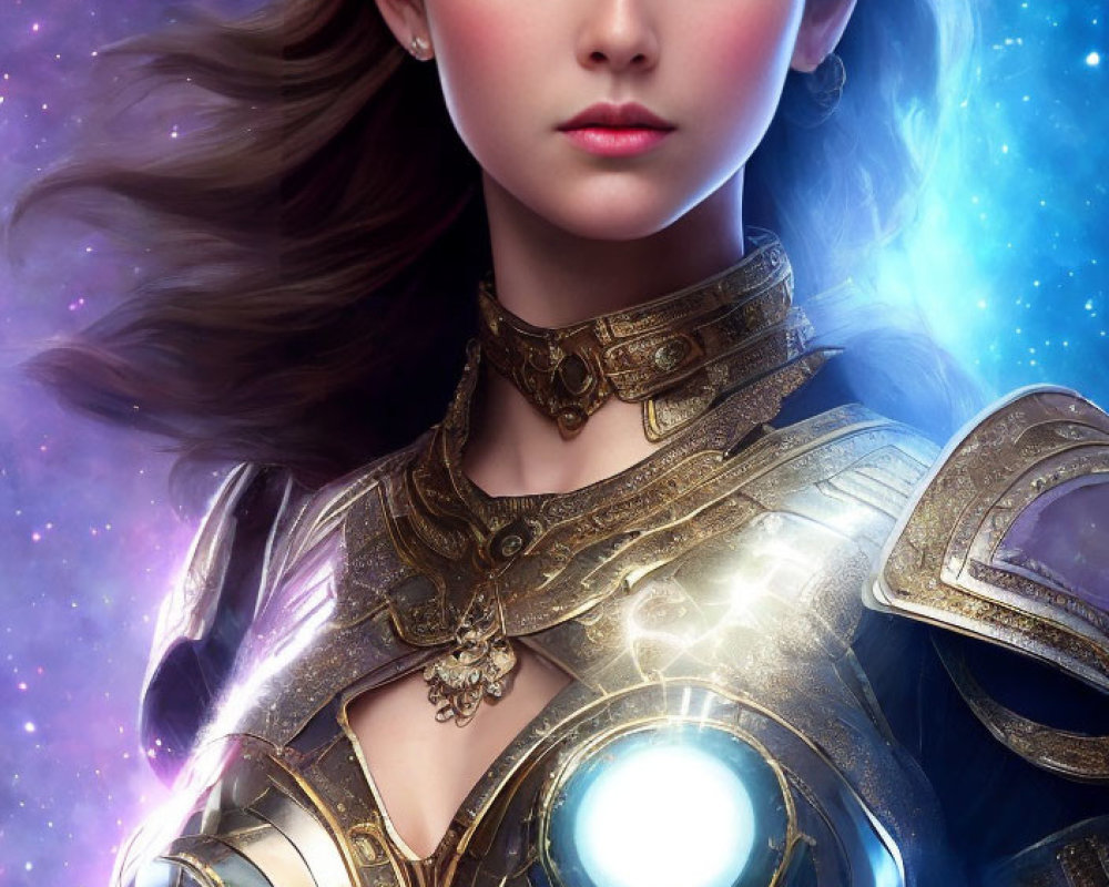 Digital artwork of woman in golden armor with flowing hair in cosmic setting