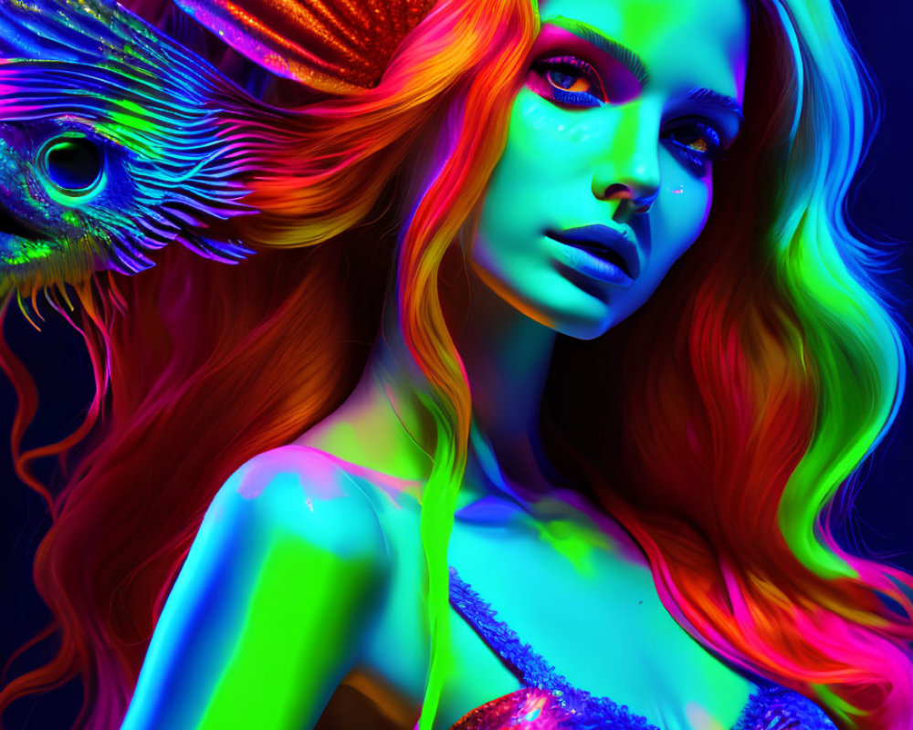 Vibrant portrait of a woman with neon hair and fantasy attire