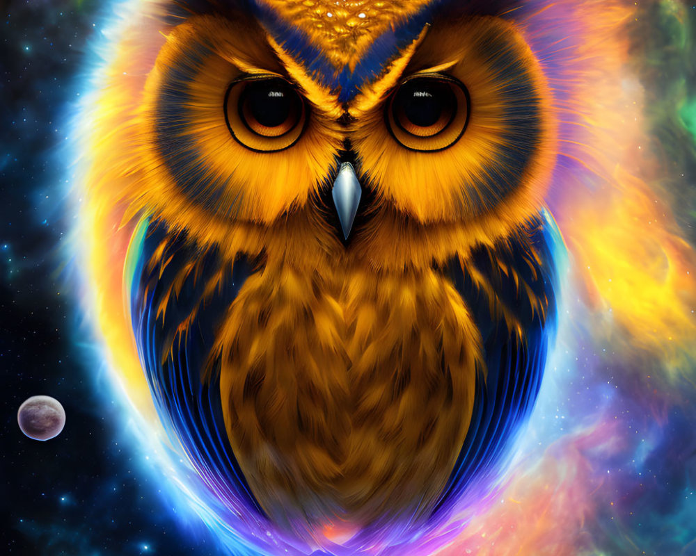 Colorful Owl Digital Illustration with Cosmic Background and Moon