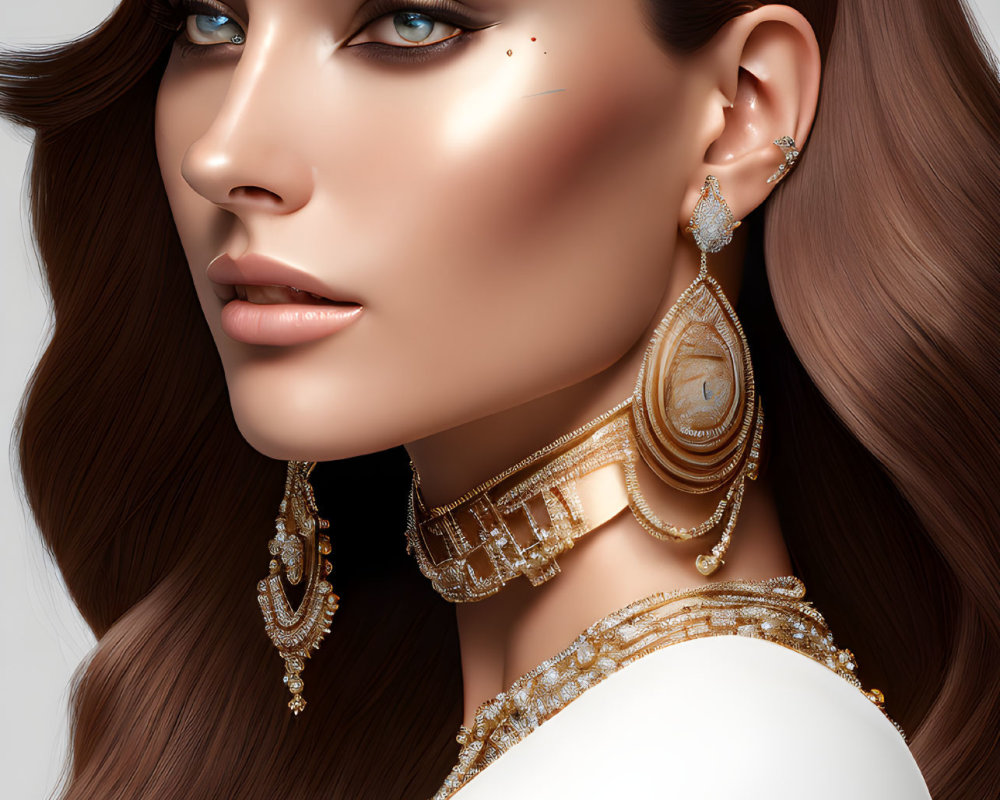 Digital artwork of woman with glamorous makeup and elegant gold jewelry