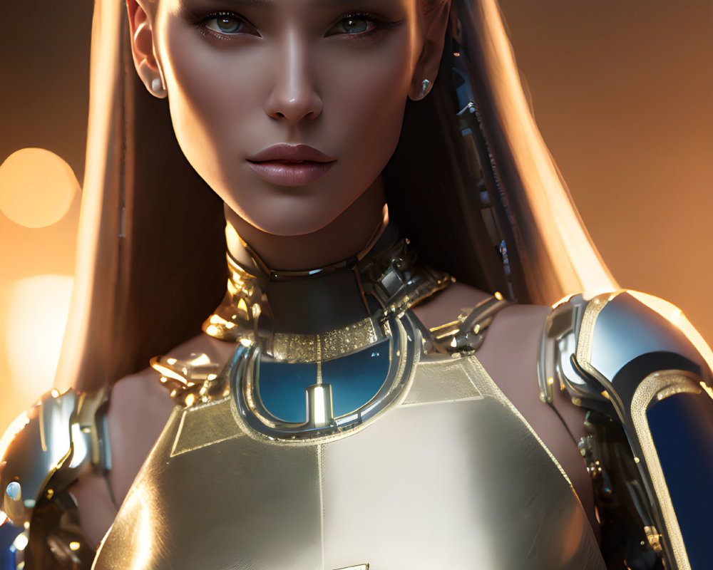 Female Android 3D Rendering in Futuristic Armor with Metallic Body