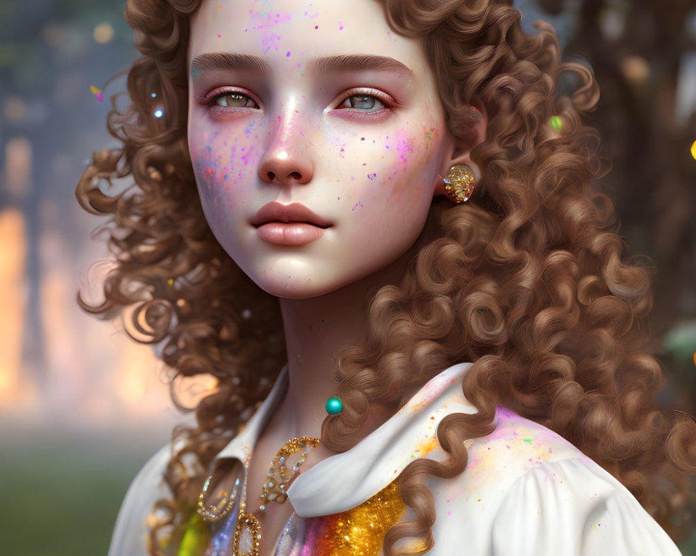 Colorful digital portrait of young woman with curly hair and glitter makeup in detailed white blouse against forest backdrop