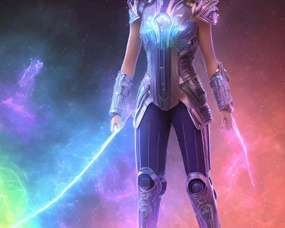 Futuristic female warrior in glowing armor with blue energy weapon