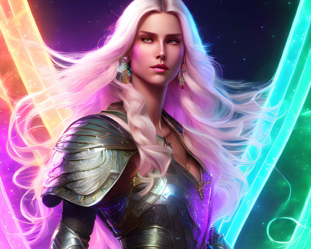 Blonde woman in silver fantasy armor on neon background