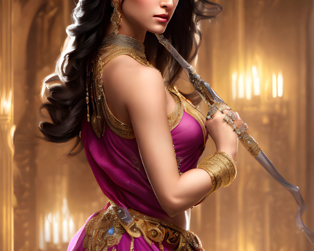 Digital artwork of woman with dark hair in purple and gold outfit with sword on ornate backdrop