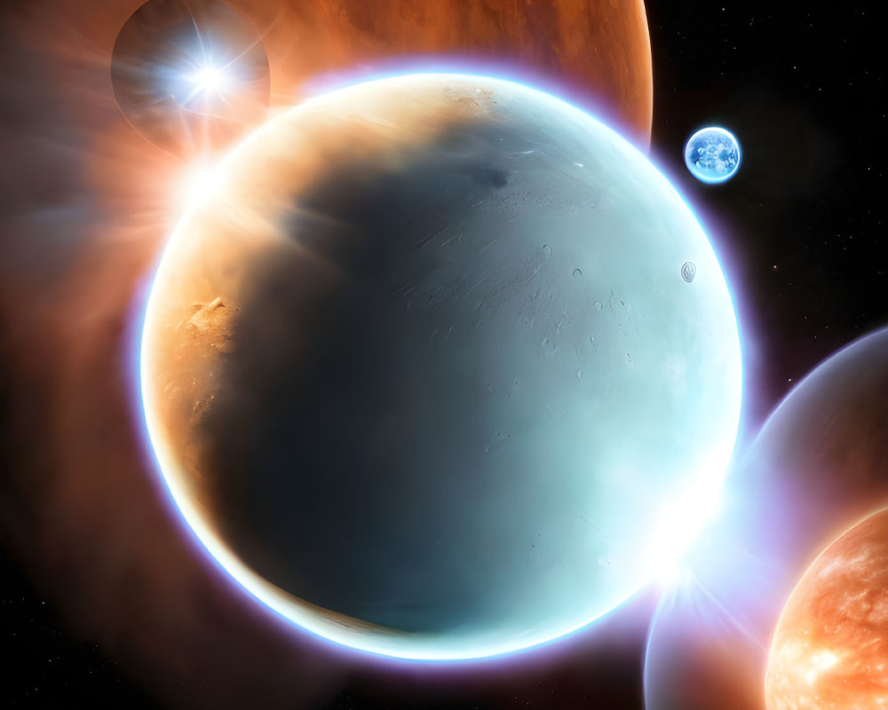 Vibrant space scene with large planet, moon, dual sun system, and lens flare effects