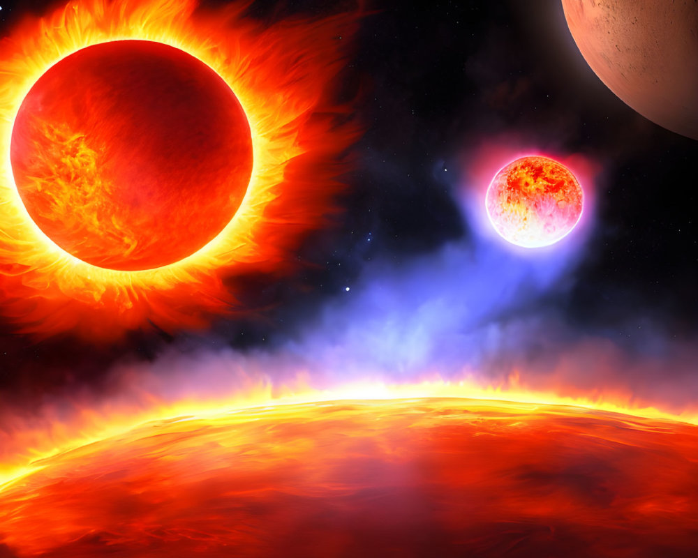 Large orange sun, star, and planet in vibrant space scene