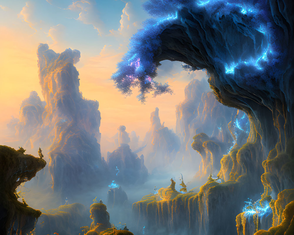 Mystical twilight landscape with towering rock formations and glowing blue flora