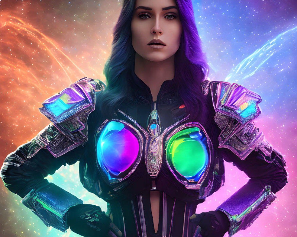 Futuristic armored woman with glowing blue elements in cosmic setting