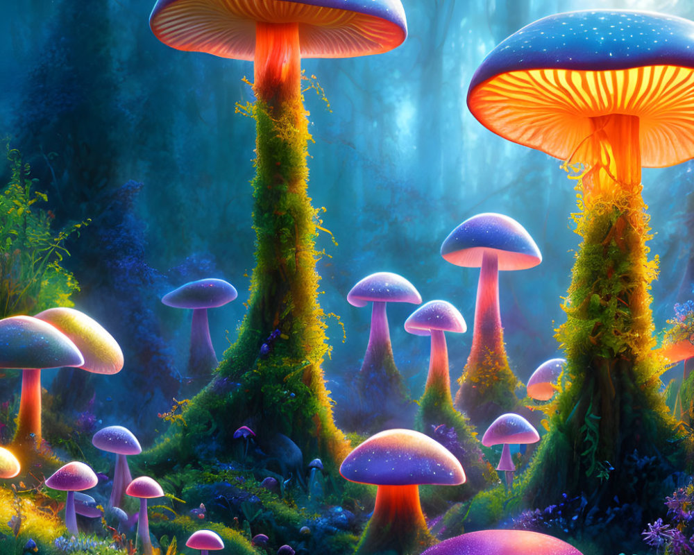 Mystical forest scene with glowing moss-covered mushrooms in foggy setting