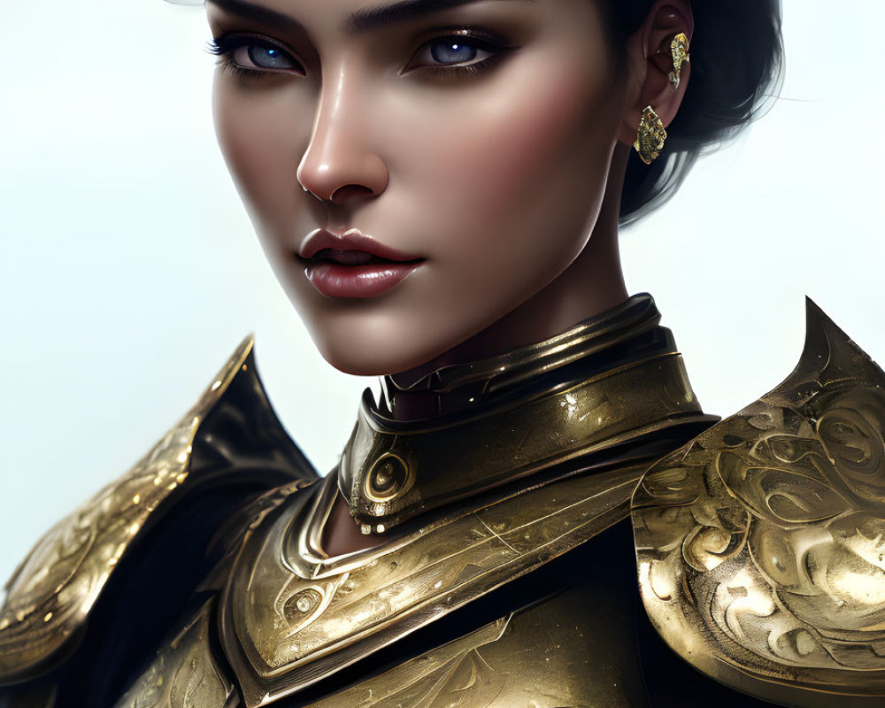 Digital artwork: Woman with black hair, gold jewelry, ornate armor, regal warrior presence