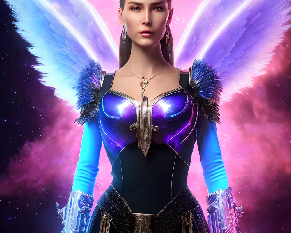 Digital artwork: Woman with pink & blue wings, futuristic armor, cross pendant, in cosmic setting