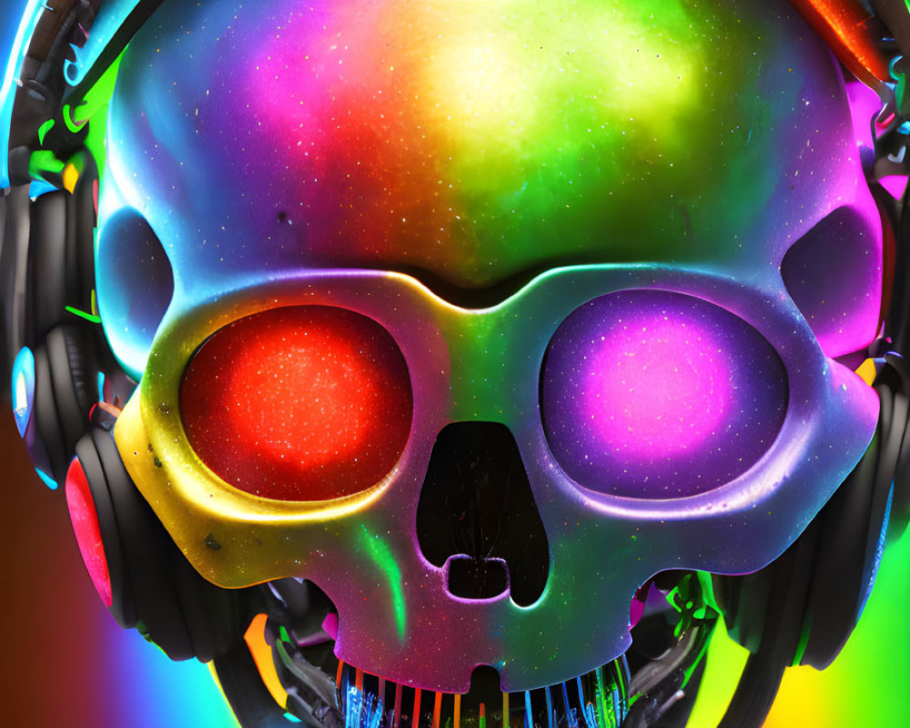 Colorful Galaxy Skull with Headphones on Rainbow Background