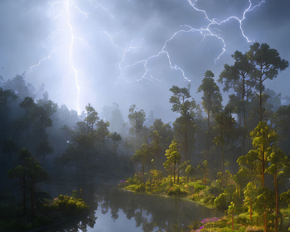 Tranquil forest lake with vibrant flora and stormy sky