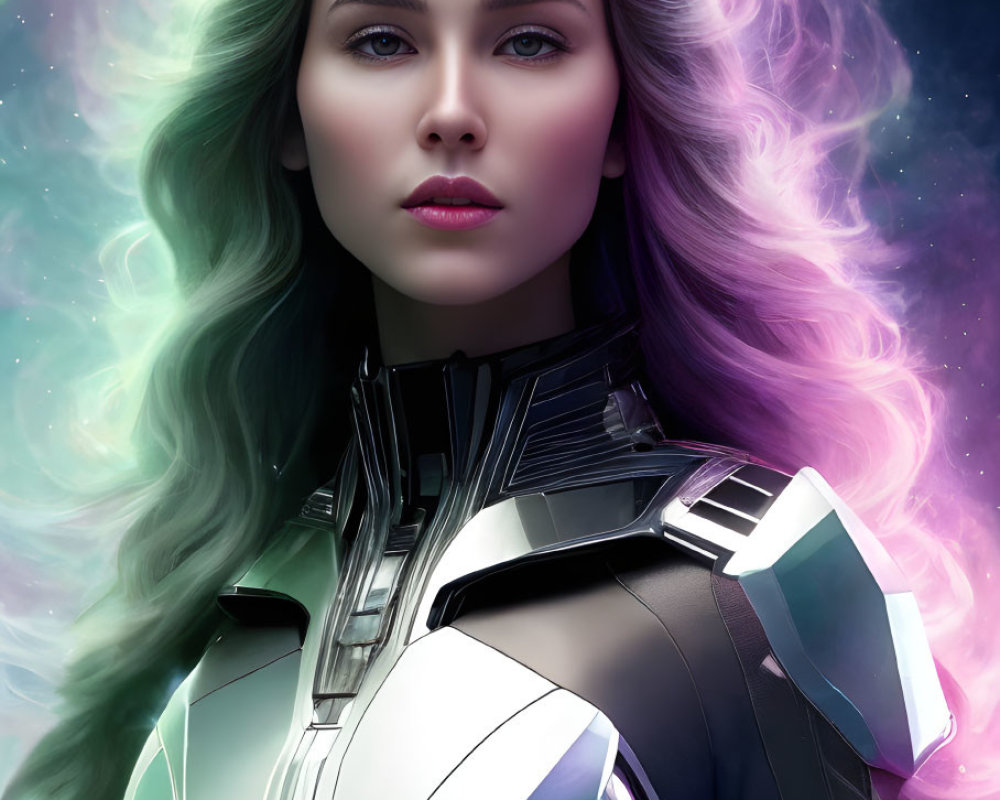 Digital portrait of woman with green hair in futuristic armor suit against cosmic nebula.