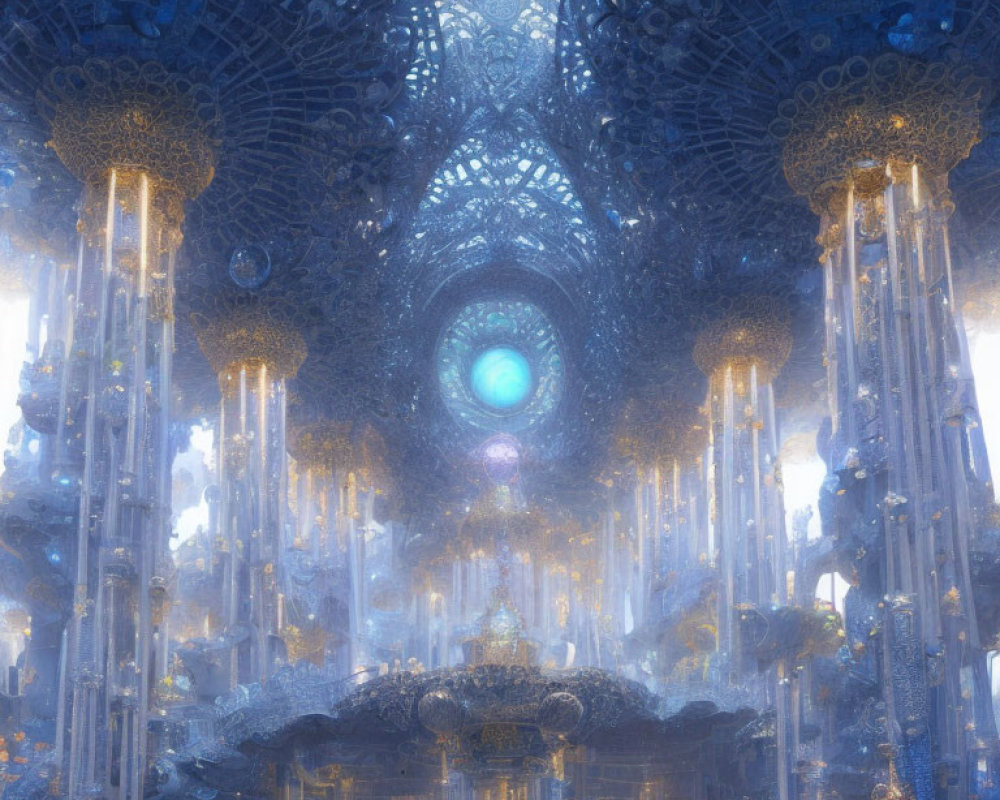 Ethereal Blue Crystal Palace Interior with Elaborate Ceilings