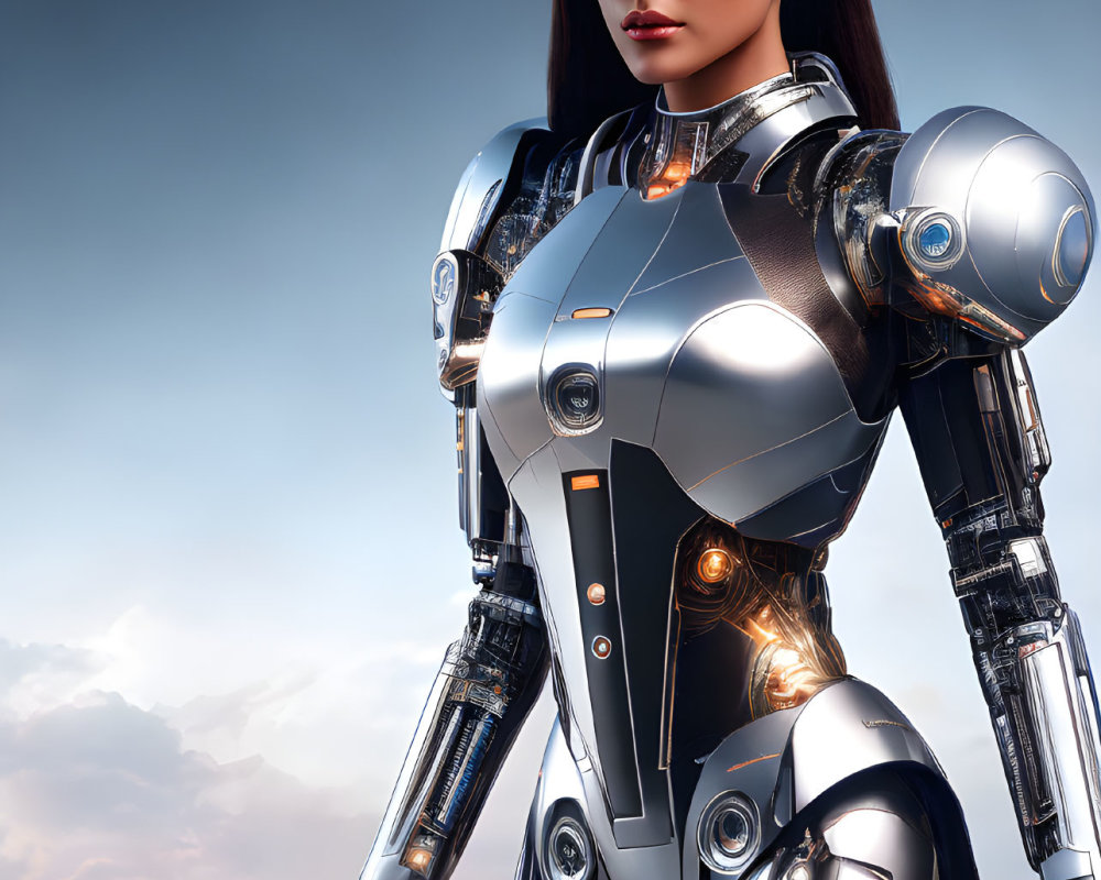 Futuristic female android in metallic armor against cloudy sky