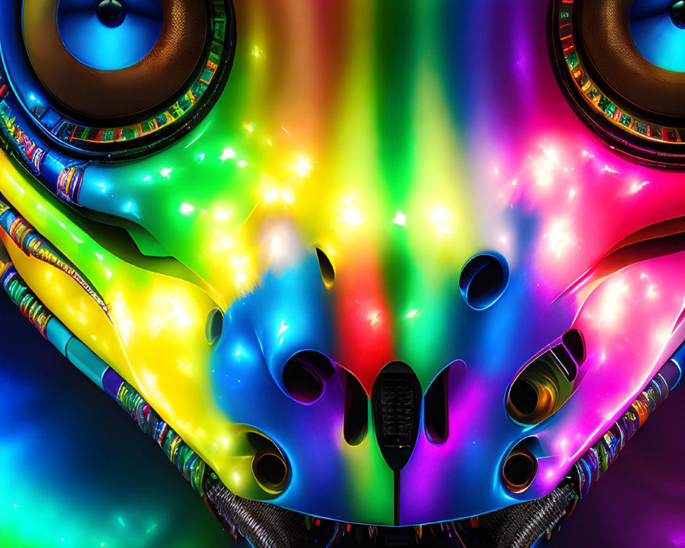 Colorful Cat Face Artwork with Psychedelic and Mechanical Elements