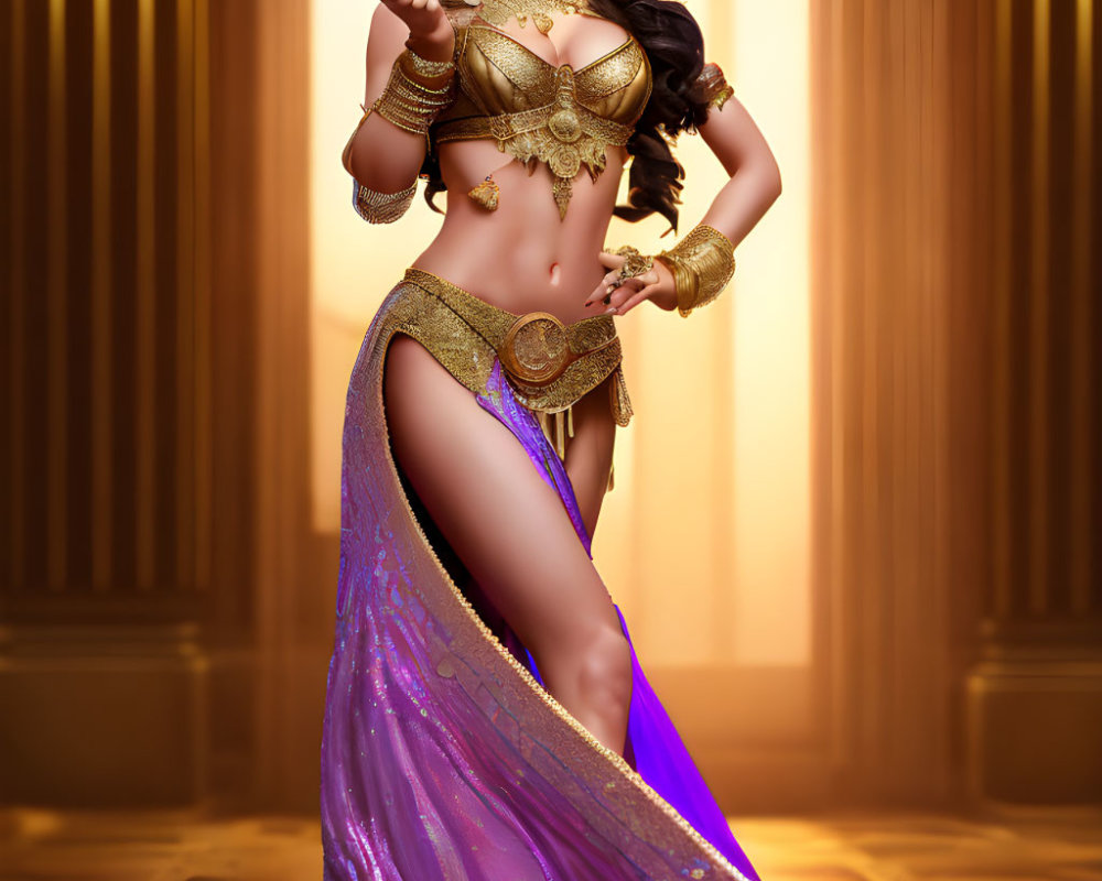 Illustrated female figure in golden jewelry and purple saree with sword on golden backdrop