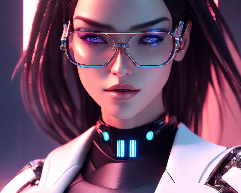 Stylized 3D illustration of female figure with cybernetic enhancements