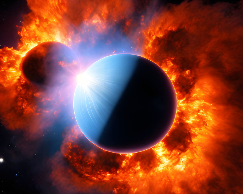 Colorful celestial scene with large blue planet and fiery orange nebula.