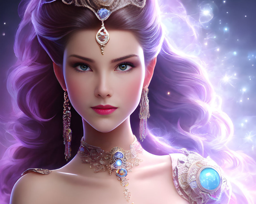 Digital artwork of regal woman with jewelry and crown on starry background.