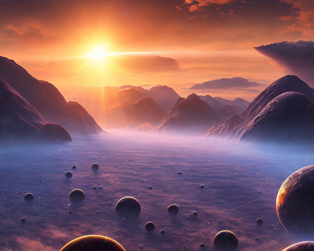 Fantastical landscape with suspended spheres above misty valley