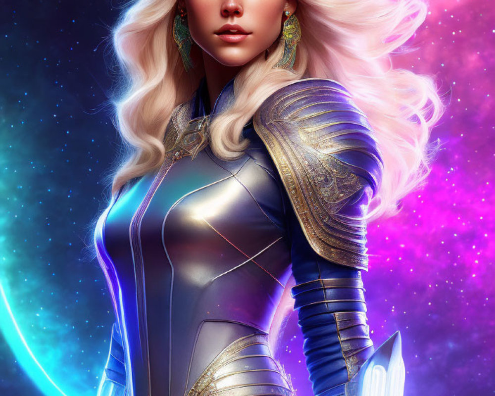 Digital Art: Woman in Futuristic Armor with Flowing Blonde Hair