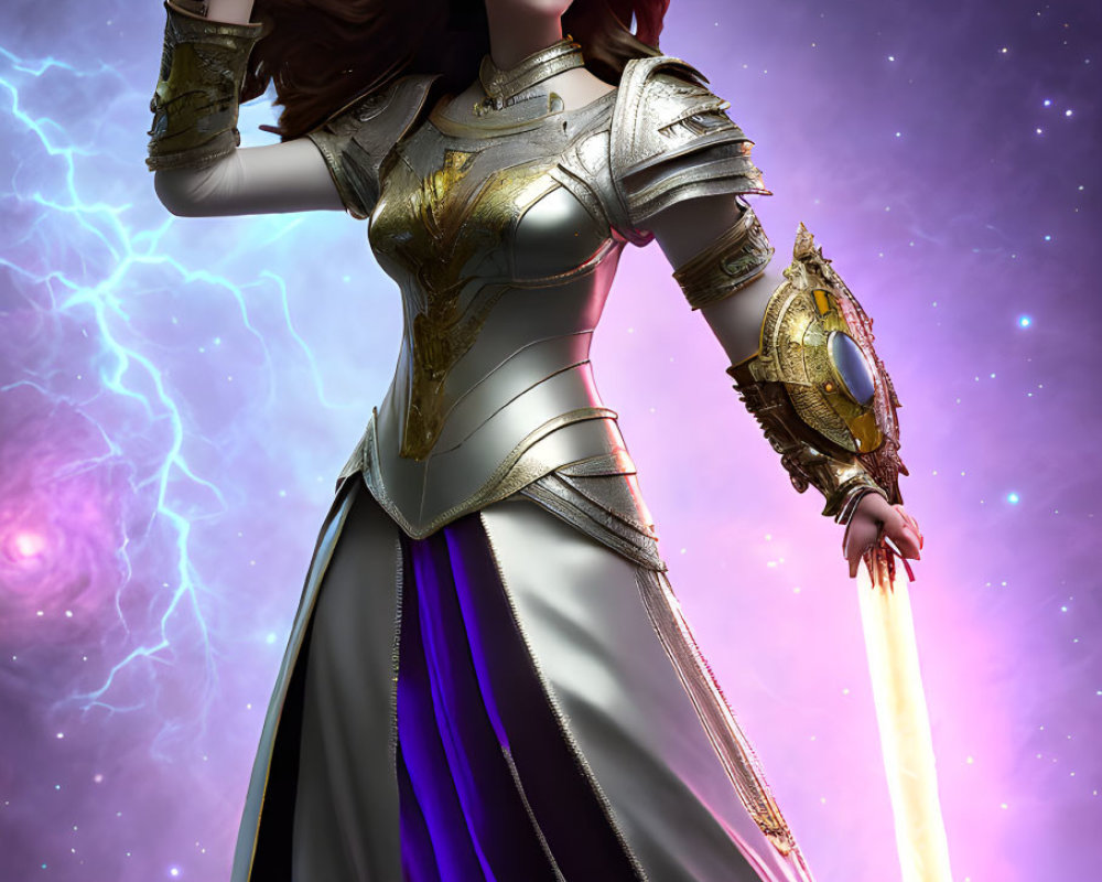 Female warrior in silver armor wields glowing sword against cosmic backdrop