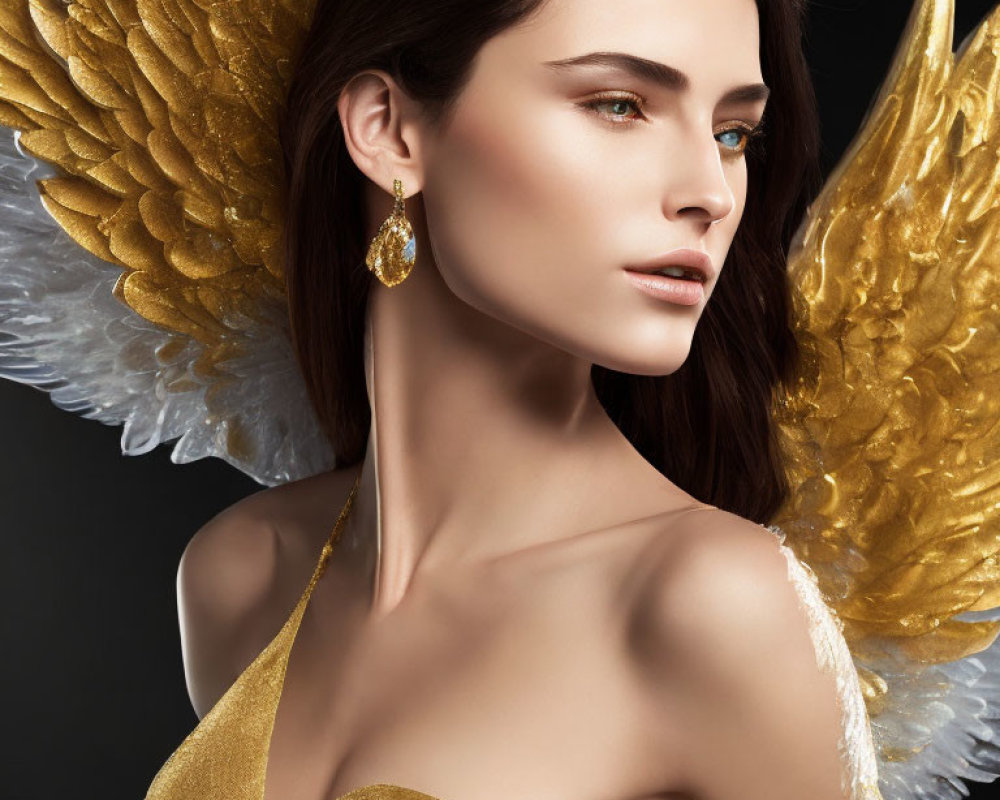 Golden-winged woman in teardrop earring gazes sideways on dark background