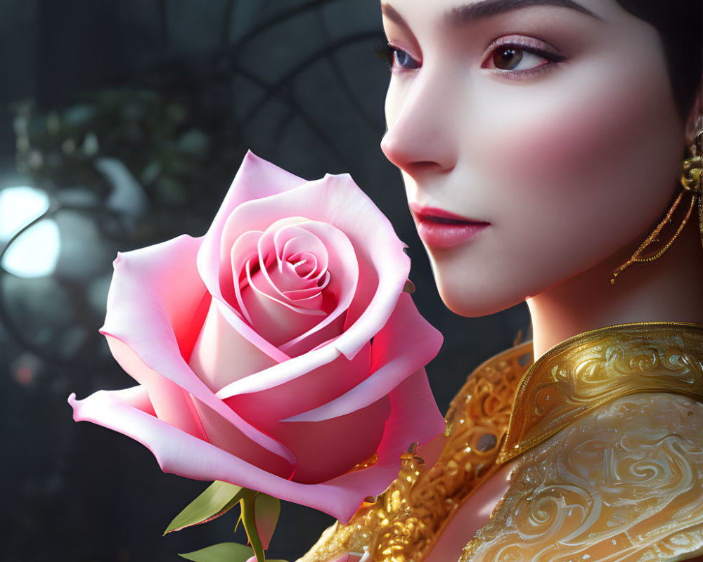 Detailed makeup on serene woman holding pink rose in ornate attire